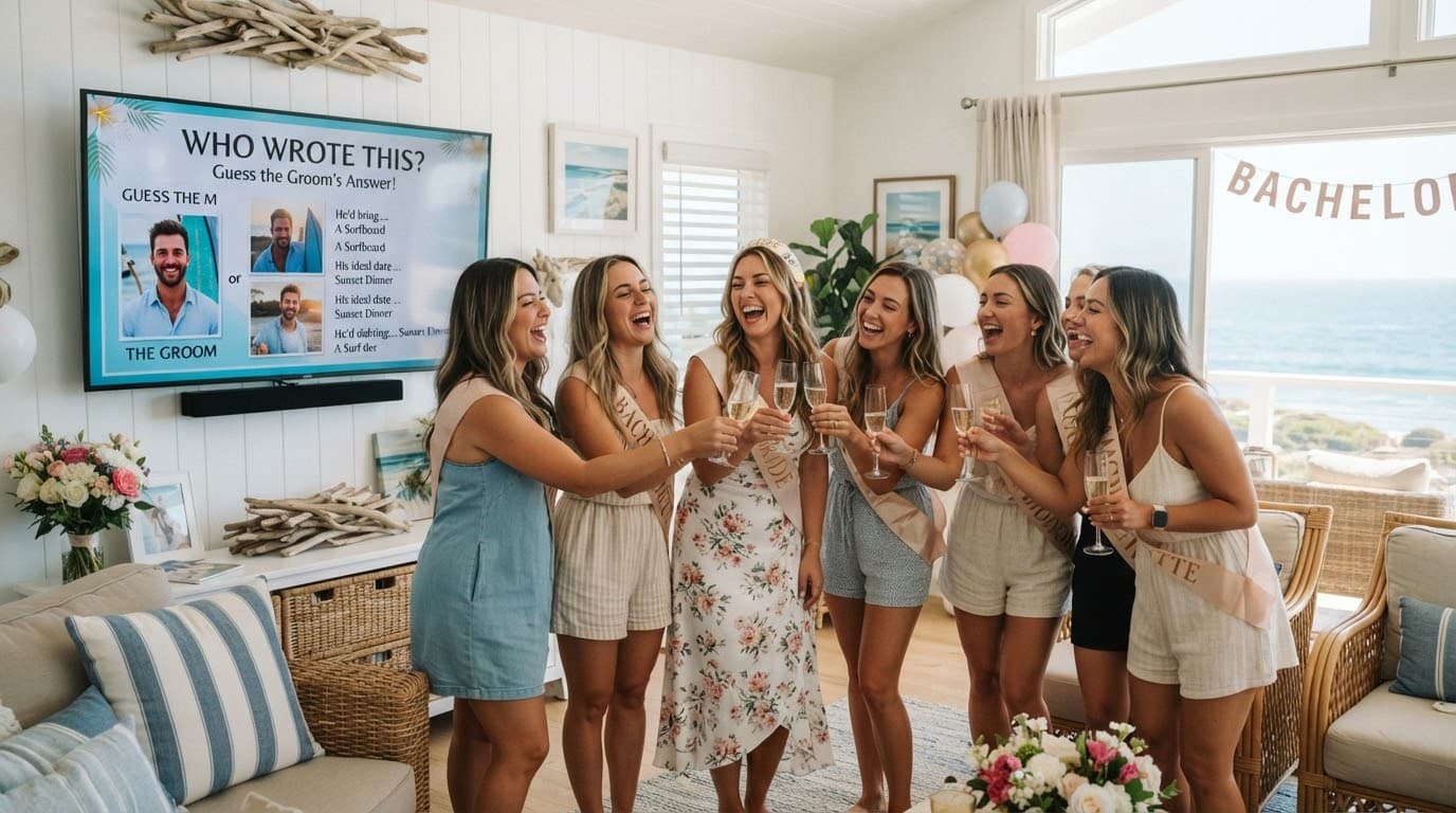 A party laughing along as the game plays on the TV